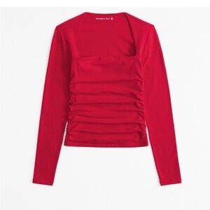 Abercrombie & Fitch Red Ruched Square-Neck Long-Sleeve Top